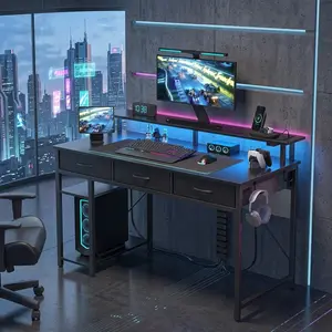 39 Inch Home Office Computer Desk with LED Light Strip and Built-in Power Outlets, Multi-Functional Writing Workstation with 3 Storage Drawers and Open Shelves, Ergonomic Monitor Stand Design, Modern Study Desk for Bedroom Living Room Home Decor