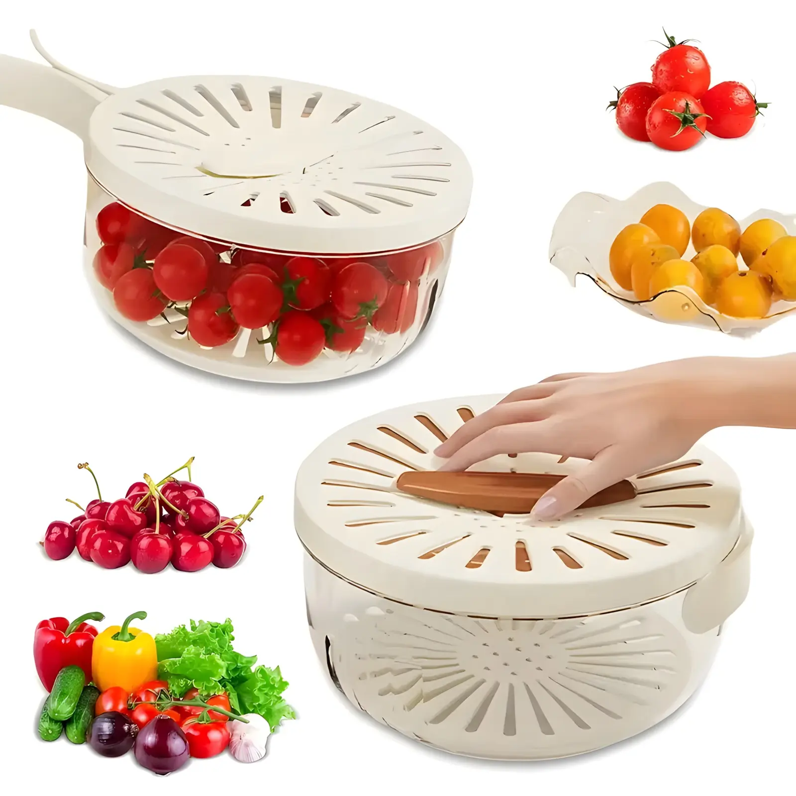 Brown Plastic 2-in-1 Multifunctional Fruit Strainer Container - Fruit Wash Bowl with Lid, Foldable Handle & Drain Basket for Kitchen, Fridge Storage