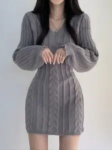 Autumn Winter Vintage V-Neck Knitted Slim-Fit Bodycon Dress, Long Sleeve Sweater Dress, Preppy Style, Plain Pattern, Moderate Fabric