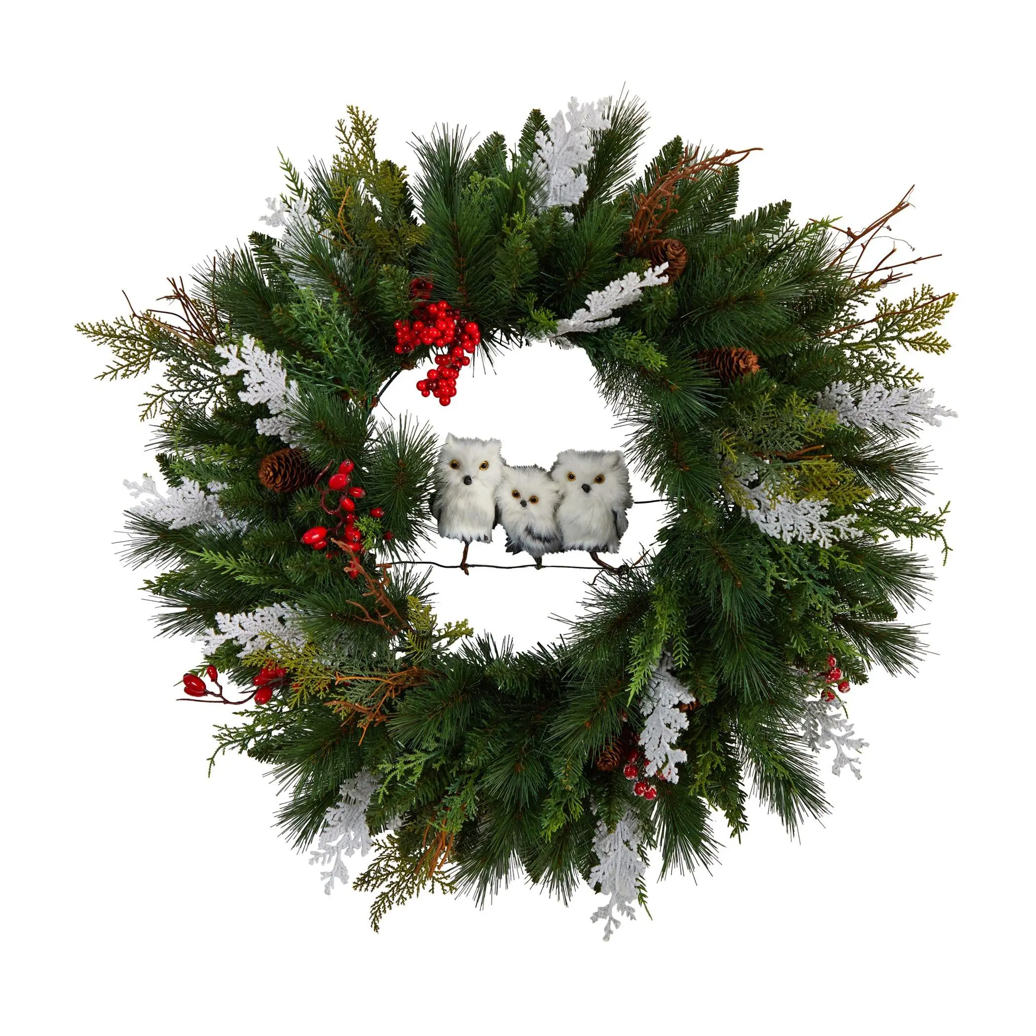 Nearly Natural 24" Holiday Winter Owl Christmas Wreath