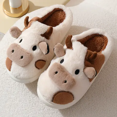 Women's Cow Print Ankle Bootie House Slippers - Soft Closed-Toe Casual Slip-On Fuzzy Plush Cotton Indoor Shoes, Anti-Slip Sole, Warm Footwear (Shoes for Women)