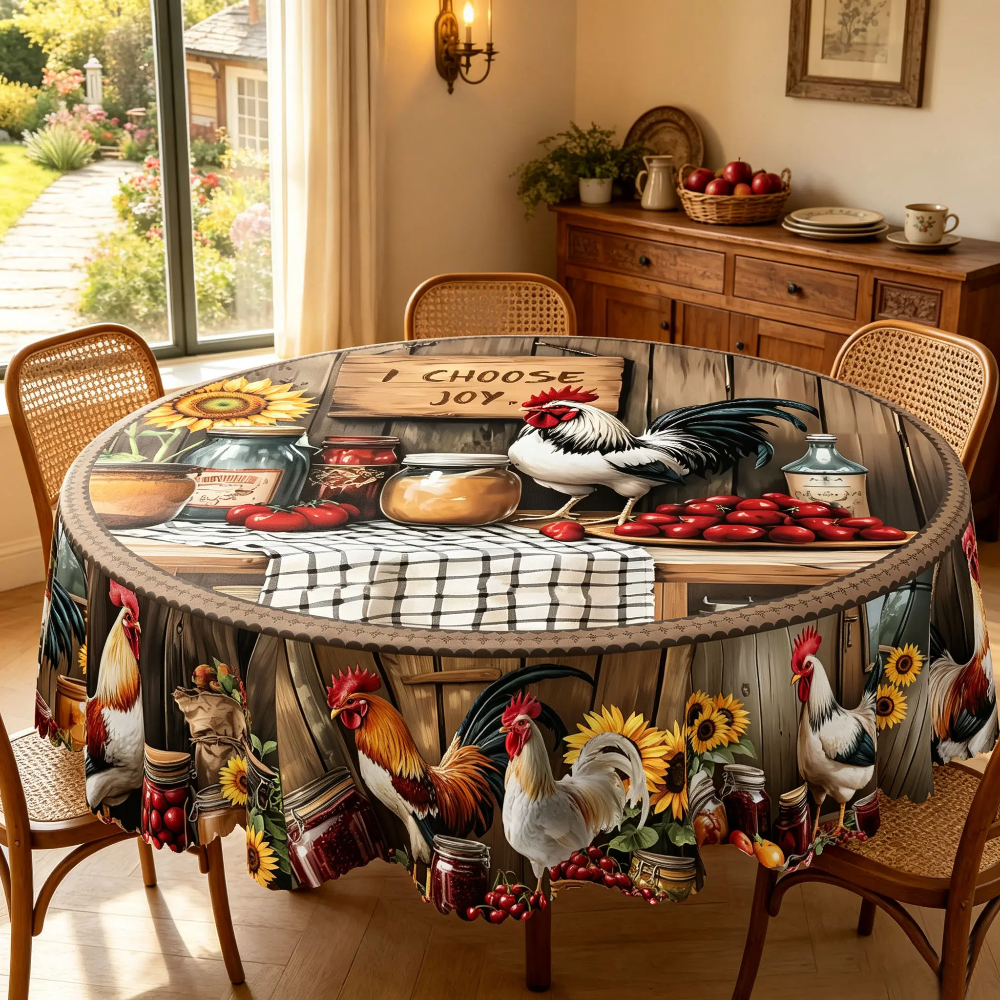 Farmhouse Rooster Round Tablecloth, Rustic Country Chicken & Sunflower Print Table Cover, Vintage Farmhouse Dining Table Cloth for Kitchen, Dining Room & Home Decor