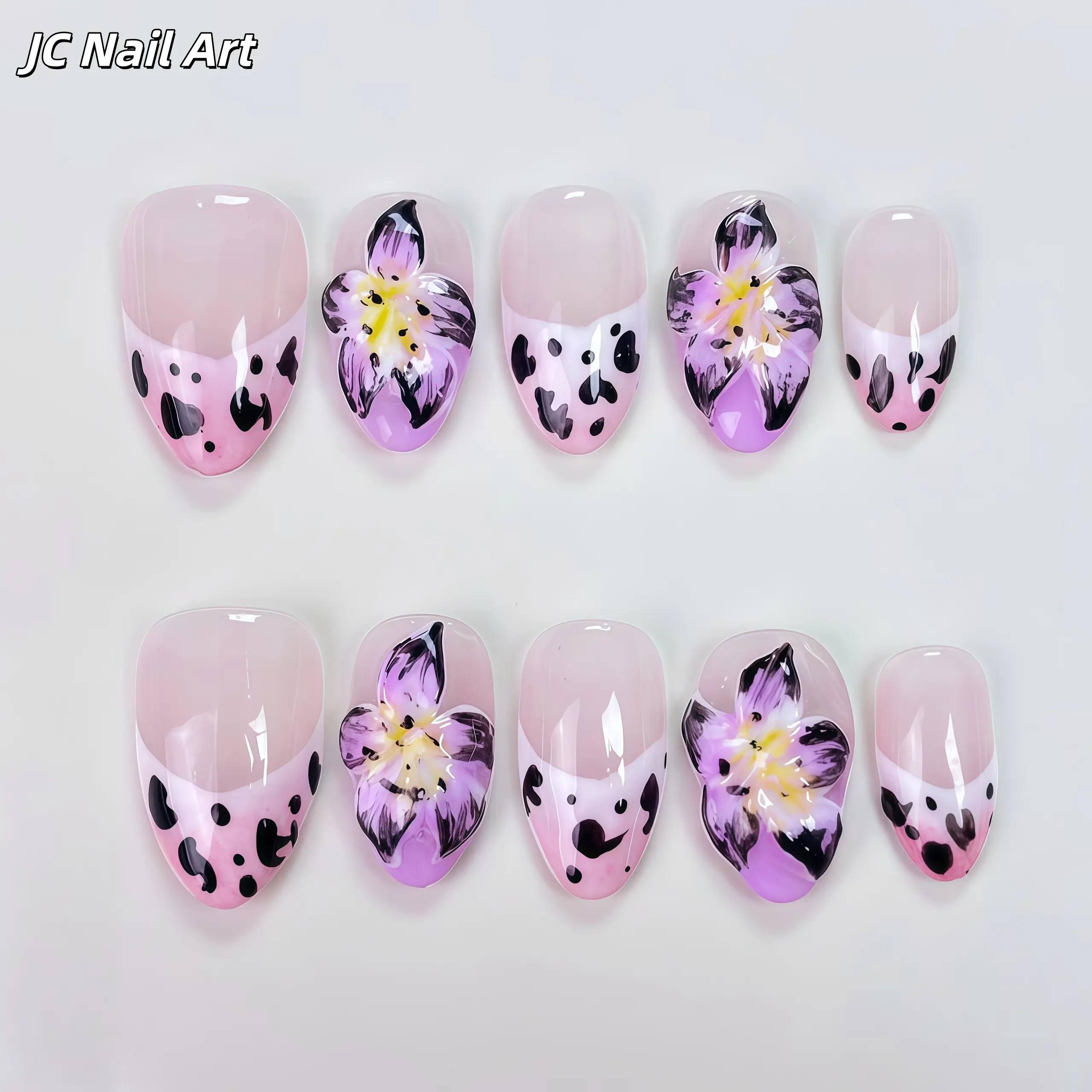 T69 Nail Art Extensions 3D Purple Flower White  Gradient False Nails Nail Stickers Sheet handmade fall nail art set, 3D Flower, Realistic