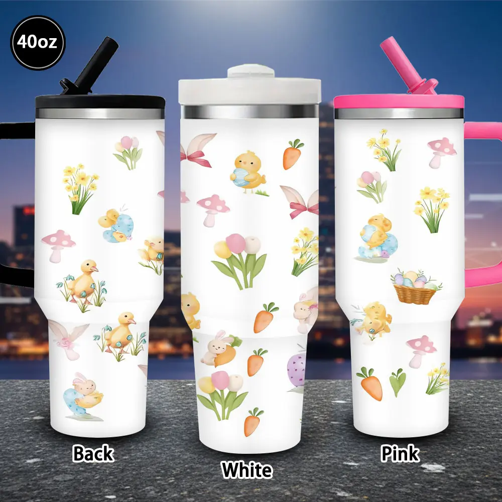 40 oz Insulated Travel Flask with Lid & Straw - Cute Easter Bunny & Chick Design, Leak-Proof Drinkware, Ideal Birthday Gifts for Women & Adults, Suitable for Iced/Hot Coffee, Easter Kitchenware, Valentine’s Day