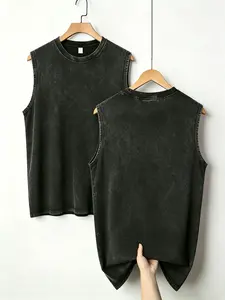 Unisex Vintage Acid Wash Black Oversized Round Neck Sleeveless Cotton Tank Top - Retro Distressed Fashion Clothes, Y2K Streetwear Grunge Aesthetic Gym Workout Muscle Tee shirt apparel graphic t-shirt washed
