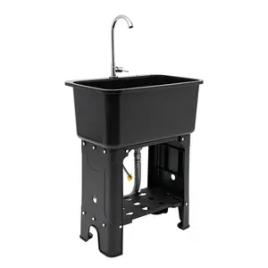 Utility Sink Laundry, Sanitation Station Indoor Outdoor Utility Sink with 360° Rotating Faucet and Washboard Garden & Kitchen Sink, Laundry Tub for Utility Rooms, Laboratories, Canteens (BLACK)