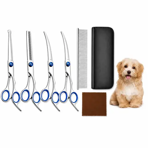 Professional 7-In-1 Pet Grooming Scissors Set, Grooming Tools, Safety Rounded Tips, Sharp Stainless Steel, Ideal for Cats and Dogs, Grooming Supplies