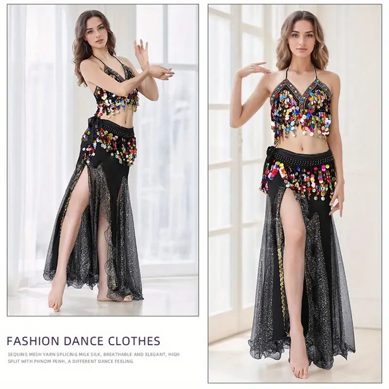 Women's Belly Dance Costume Set with Sequin Top & Mesh Skirt - Hand Washable Stage Performance Outfit with Hip Scarf & Belly Dance Pants-like Fit |   Shimmering Dance Dress for Belly Dancing, Raqs Sharqi, Middle Eastern Performances |   Comfortable & Dura