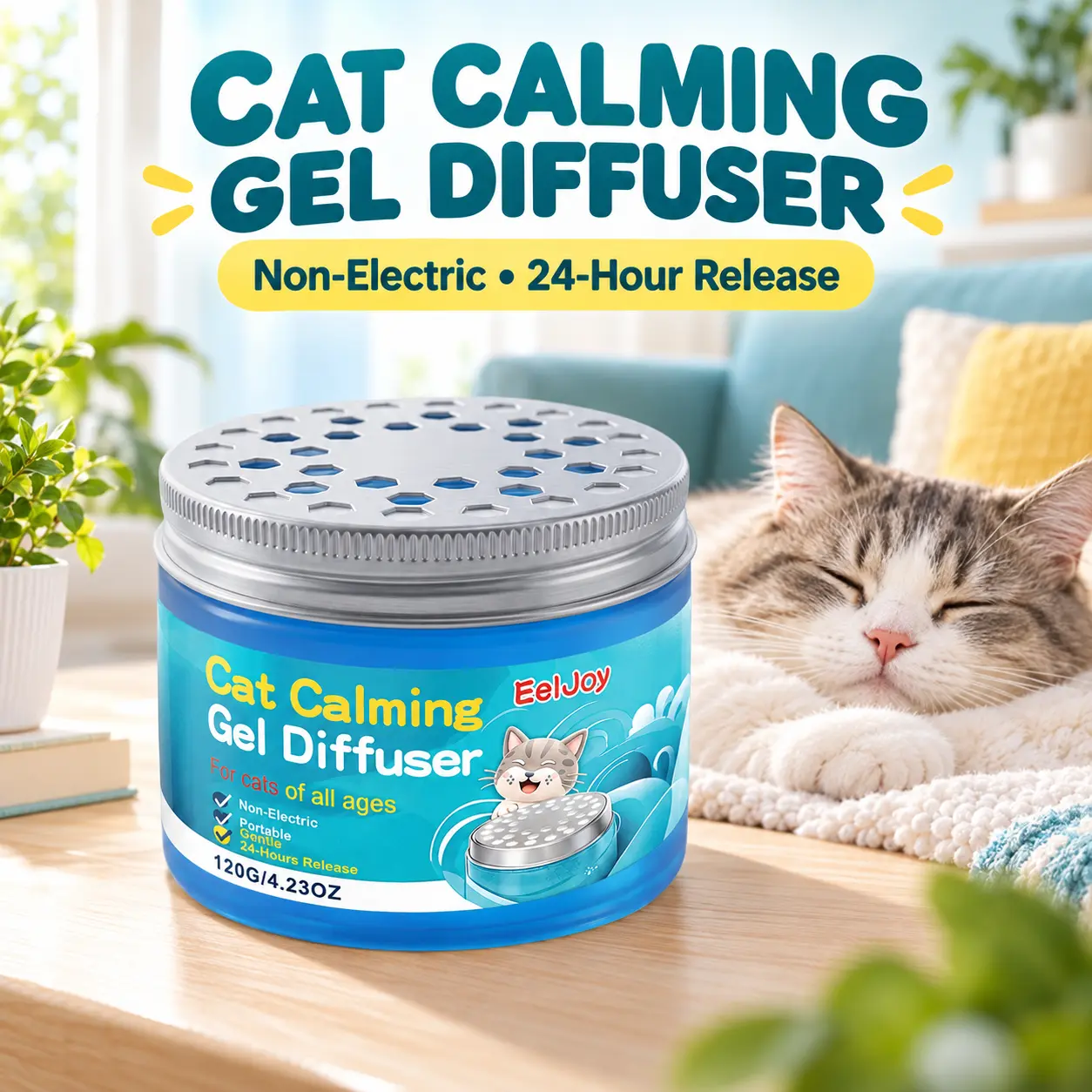 EelJoy Cat Calming Gel Diffuser - Non-Electric Portable Stress Relief Gel for Cats of All Ages (4.23 oz / 120g)