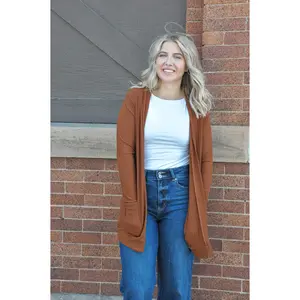 Open Front Dark Camel Cardigan Knit Knitwear Soft Women's Comfortable Piece Long Sleeve Casual Winter Fitted Ribbed Knitting Basic Tops