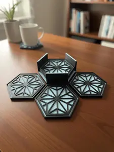 3D Printed Coaster Set | Hexagon Coasters | Kumiko Geometric Pattern Coasters with Holder | Modern Home Decor | Housewarming Gift