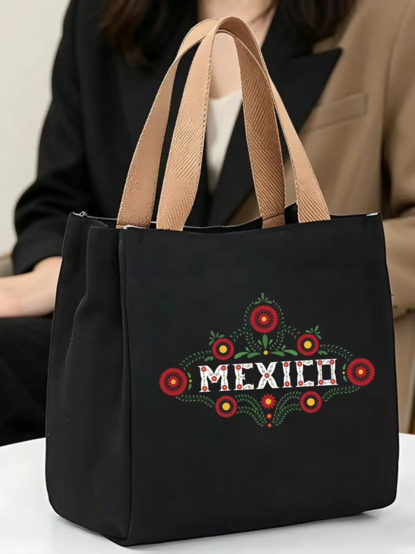 #MexicoFloralTote #FolkArtBag | Black Canvas Tote Bag with Traditional "MEXICO" Floral Print, Casual Cultural Shopper with Beige Handles, Large Capacity Handbag, Durable & Vibrant, Perfect for Mexico Fans & Festivals, Design Tote Bag