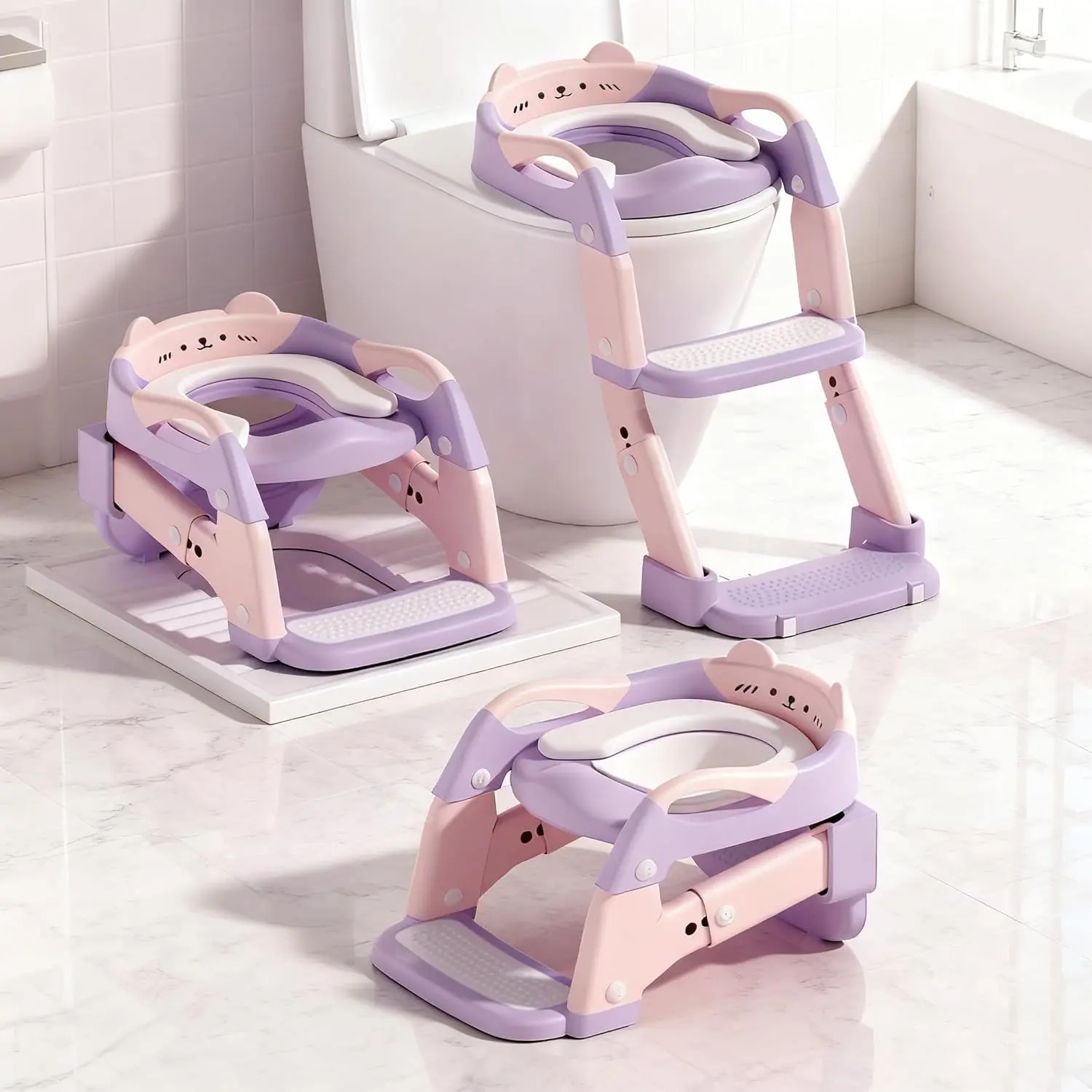 Potty Training Seat 3 in 1 Upgrade Toddler Toilet Seat for Boys Girls Non Slip Foldable with Step Stool Ladder Purple Pink