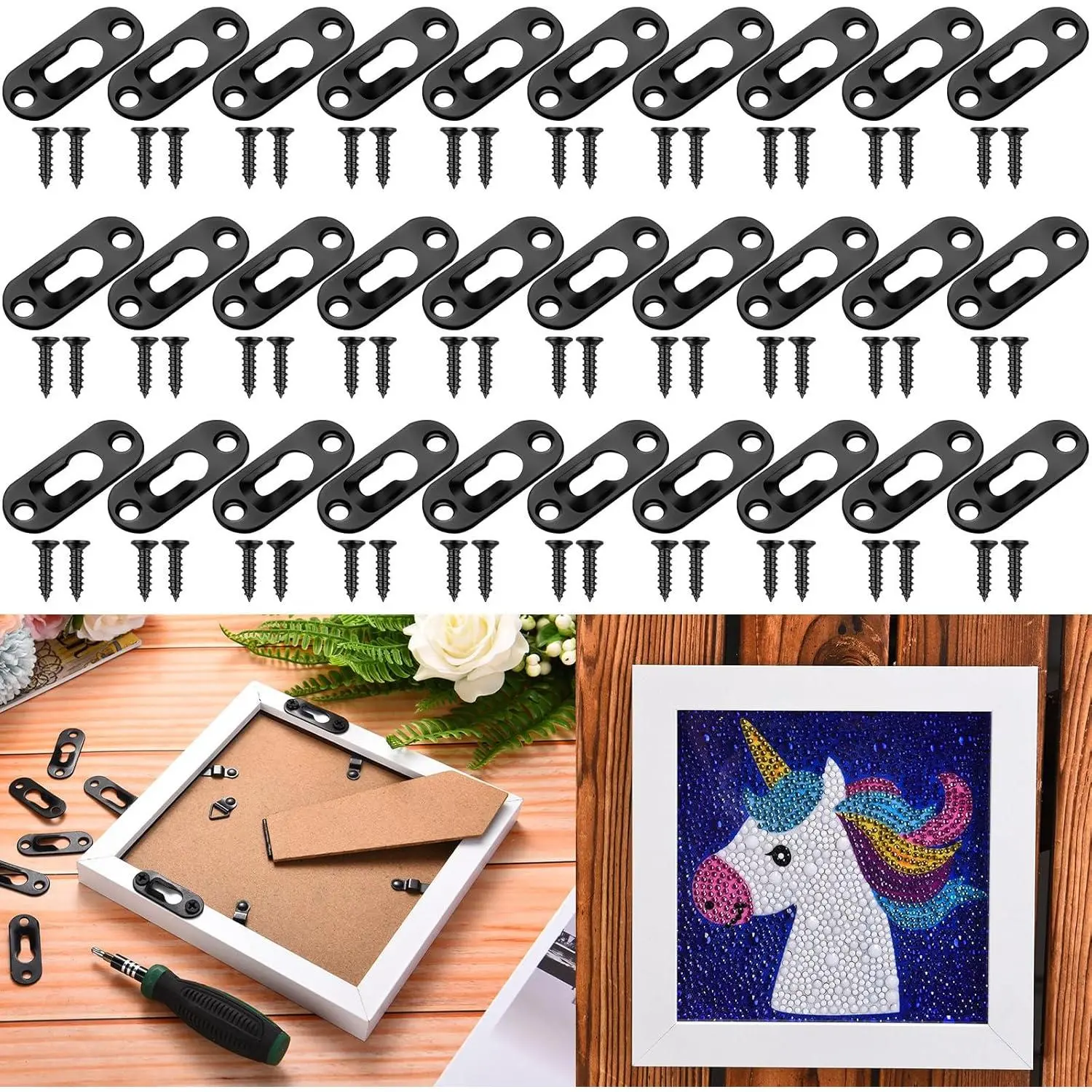 30 Pack Black Metal Keyhole Hangers, 43x16mm Hangable Single Hole Fasteners for Wall Mount Mirrors/Art & Picture Frames, with 60 Screws, Set, With Screws, 30 Pcs, Hanging Mount, No