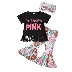 Kids Baby Girl Short Sleeve Tassel T-shirt Tops Flared Pant Bell Bottom Headband 3PCS Girls Clothing Set