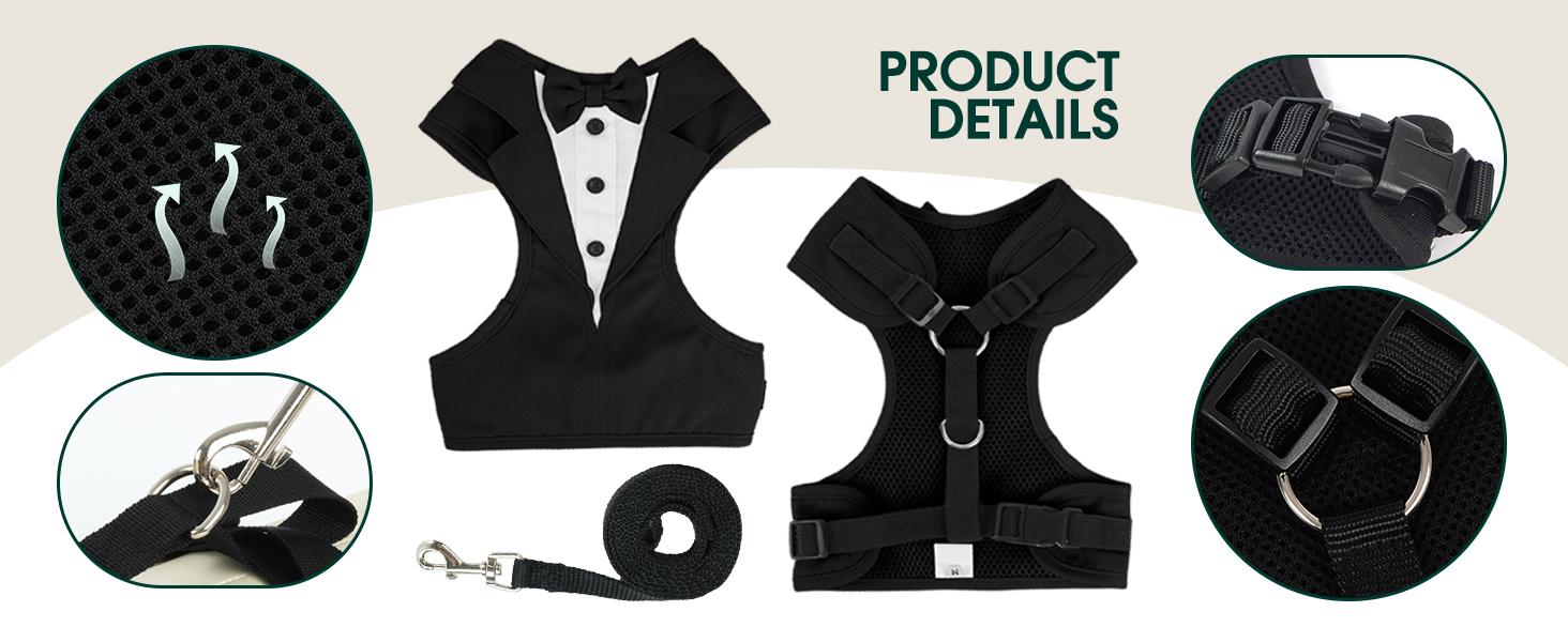 Kuoser Dog Tuxedo Harness, Pet Harness No Pull for Small Medium Dogs | Adjustable Doggie Wedding Suit with Bow Tie Party Costume