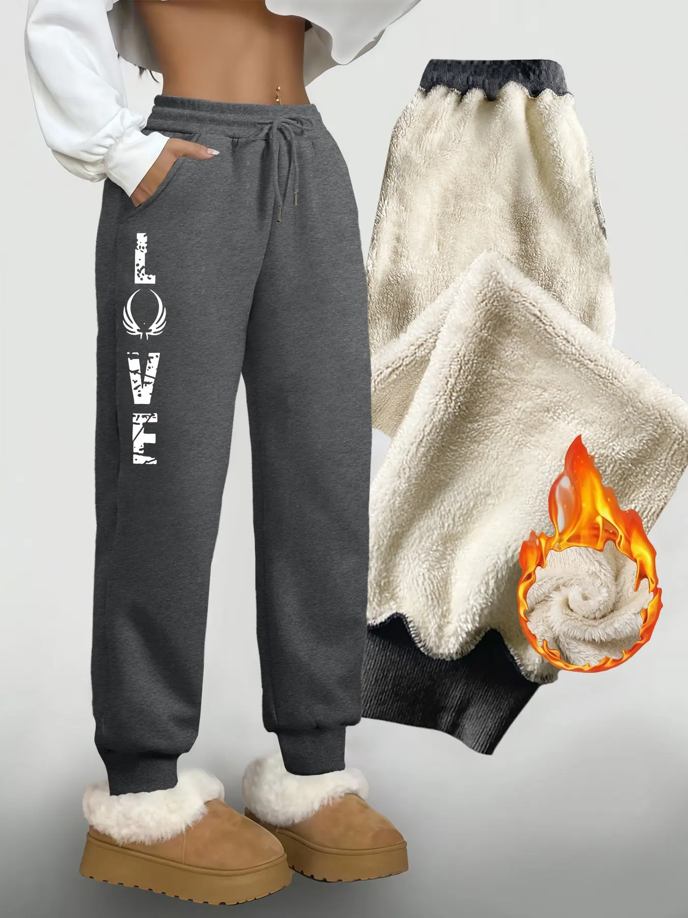 Women's Fashion Casual Long Pants, Love Letter Print, Fitted Drawstring Warm Plush Sweatpants, Plain Lamb Fur Winter Trousers, Bottoms