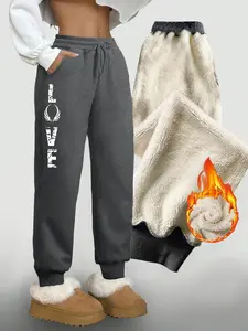 Women's Fashion Casual Long Pants, Love Letter Print, Fitted Drawstring Warm Plush Sweatpants, Plain Lamb Fur Winter Trousers