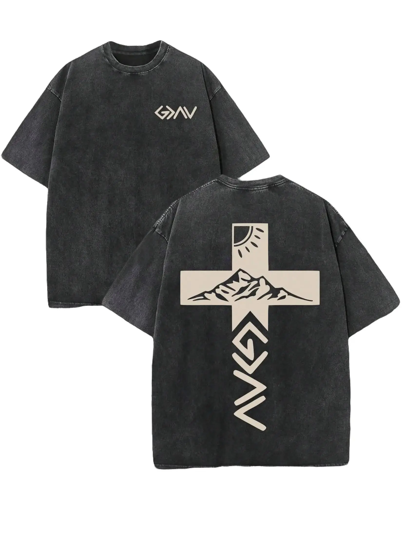 Retro Washed T-Shirt Double Sided Printed 230 Pure Cotton 'God Is Greater Than Our Highs And Lows' Letter Print Christian Gift Men's Casual Comfortable Fashionable Street Style Cotton washed pure cotton Tshirt fathersdaygift