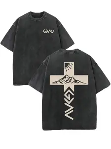 Retro Washed T-Shirt Double Sided Printed 230 Pure Cotton 'God Is Greater Than Our Highs And Lows' Letter Print Christian Gift Men's Casual Comfortable Fashionable Street Style Cotton washed pure cotton Tshirt
