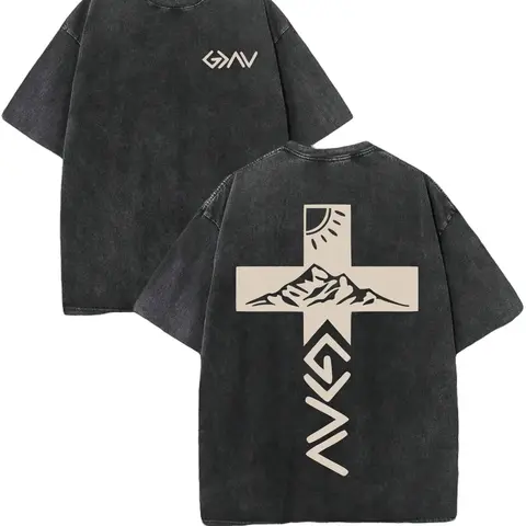 Men's 230 Pure Cotton Fitted Cut Round Neck Short-Sleeve T-Shirt - All-Season Vintage Distressed, Double-Sided 'God Is Greater Than Our Highs And Lows' Christian Letter Print, Mountain Cross Street Sport Casual Father's Day Gift Tshirts