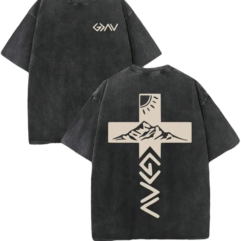 Men's 230 Pure Cotton Fitted Cut Round Neck Short-Sleeve T-Shirt - All-Season Vintage Distressed, Double-Sided 'God Is Greater Than Our Highs And Lows' Christian Letter Print, Mountain Cross Street Sport Casual Father's Day Gift Tshirts