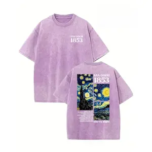 Retro Vintage Van Gogh 1853 Creative Pattern Washed T Shirt Double Sided Print Heavyweight Pure Cotton Drop Shoulder Loose Fit Retro Streetwear Minimalist Casual Hip Hop Style Black Basic Short Sleeve Tee for Men Casual Chic Minimalist T shirt