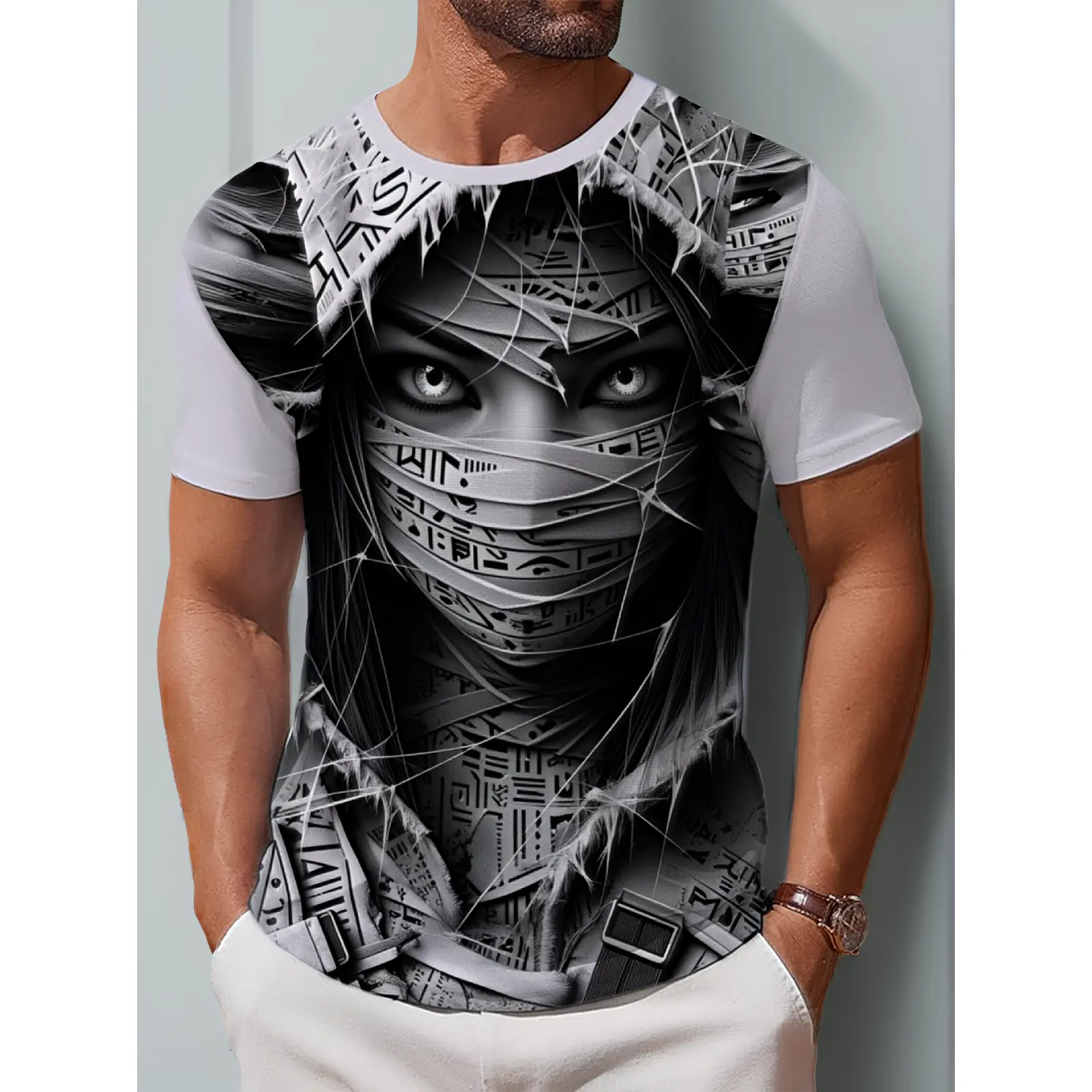 Men'S Trendy Ancient Egyptian Element Printed Short Sleeve T-Shirt New Summer Style Personalized Mysterious Bandaged Figure Pattern Top Loose Breathable Crew Neck Casual Daily Versatile Plus Size Men