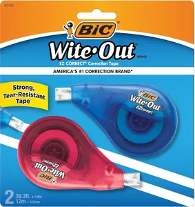 BIC Wite-Out Brand EZ Correct Correction Tape, 39.3 Feet, 2-Count Pack of White Correction Tape, Fast, Clean and Easy to Use Tear-Resistant Tape Office or School Supplies
