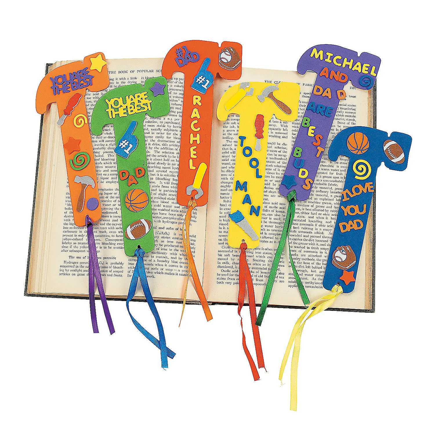Dad Foam Bookmarks, 24-Pack, 3.25"x4", 780 Assorted Shapes, Self-Adhesive, Ribbon Included, Father’s Day Gift for DIY Craft & Office Stationery Supplies