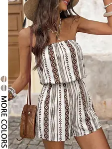 1 Boho Bohemian Tribal Ethnic Print Strapless Sleeveless Romper Women Casual Streetwear Rompers | Elastic Waist Loose Fit One Piece | Beach Vacation Music Festival Outfit