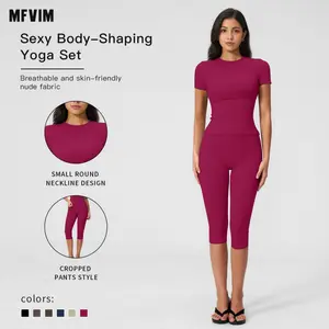 MFVIM Women’s Breathable Body-Shaping Yoga Outfit, High-Waisted Quick-Dry Fitness Wear, Versatile Three-Quarter Shorts Sports Set