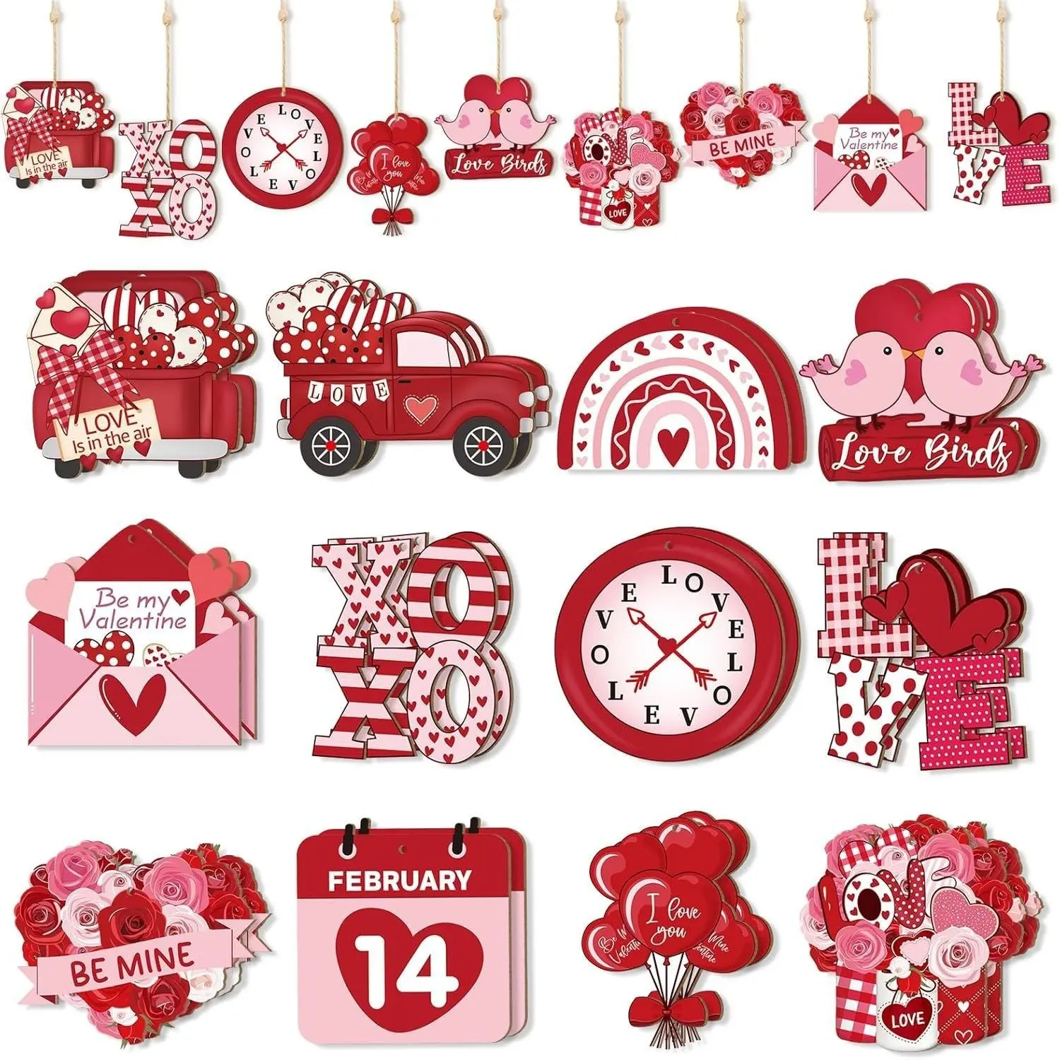 Valentine's Day Wooden Heart Shaped Decorations, 12/24/36 Pieces, Romantic Couple Tree Ornaments for Wedding Anniversary Party Hanging Ornaments