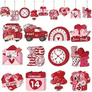Valentine's Day Wooden Heart Shaped Decorations, 12/24/36 Pieces, Romantic Couple Tree Ornaments for Wedding Anniversary Party Hanging Ornaments