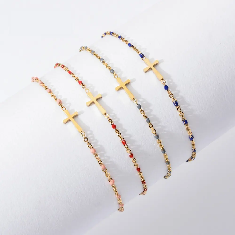 Oil-Drip Rice Bead Stainless Steel Bracelet,simple niche cross bracelet is perfect,Stainless Steel Gold Color Cross Bracelet