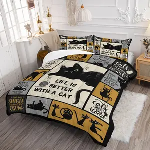Fresh and Stylish Cat-Print Comforter Set Includes One or Two Blank Pillowcase. Multi-Color Patchwork Design Featuring Black Cats In Different Poses and Playful Slogans,Perfect Bedroom Bedding Soft, Comfortable Bedding Set Gift