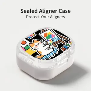Cute Painting Cat Print Aligner Case, Sealed Leak-Proof Orthodontic Retainer Box, Portable Dust-Proof Storage for Students Adults Travel