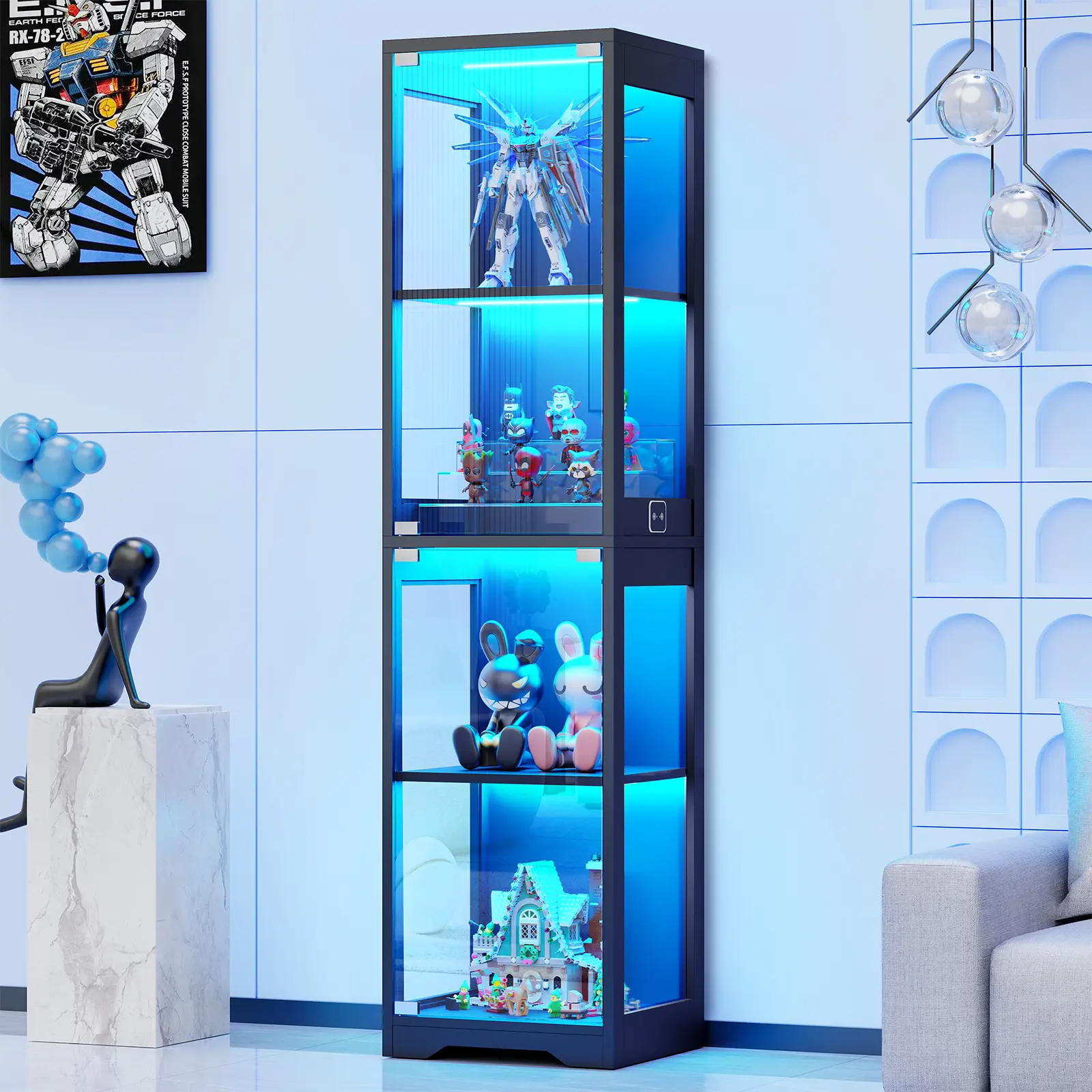 MIIFUNY Display Cabinet with Glass Doors, 4-Tier Display Case with 3 Color Lights for Collectibles, Display Shelves with Human Body Sensor, Black