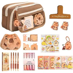 Cute Capybara Pencil Case Set, Kawaii Capybara Stationery Set Include Large Capacity Pencil Case, -covered Brooch,  Capybara Set, Notepad, Stickers, Pens and Gradation Correction Band