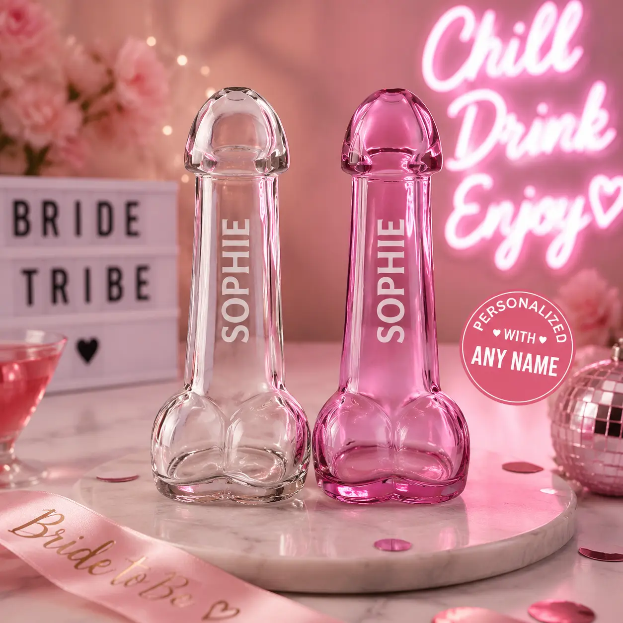 Personalized Penis Shot Glass | Funny Bachelorette Party Favor | Engraved Naughty Shot Glass | Pink or Clear Hen Party Gift | Bride To Be Drinking Game Drinkware Birthday