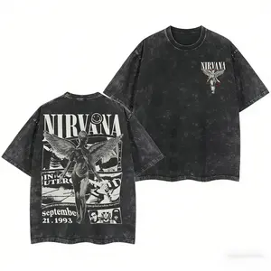 Nirvana Retro Limited Tour Graphic Tee, 2-Sided Vintage Black T-Shirt, Unisex Oversized Rock Band Top, Washed Heavyweight Cotton, Men’s & Women’s Casual Streetwear, Trendy Everyday Wear, Gift for Rock Music Fans