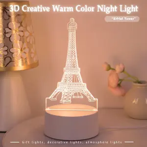 Modern 3D Paris Tower Night Light, Geometric Ambiance Lamp with Base, USB Powered Bedroom Light, Warm Color Single Light, Indoor Decorative Light, Plastic Material