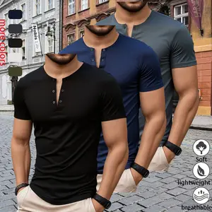 3-Pack Men’s Casual Henley Shirts, Short Sleeve, Button Placket, Breathable Fabric — Ideal for Beach Vacations and Everyday Wear Menswear Streetwear,summervibes