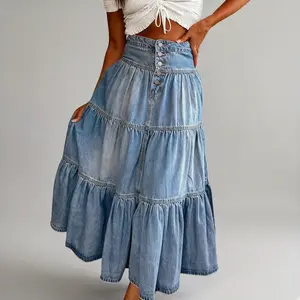Women's High Waisted Denim Skirt – Bohemian Tiered Ruffle Skirt with Button Front, A-Line Jean Skirt for Women