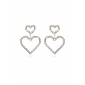 Double Trouble Heart Crystal Earrings – 18K Gold Plated Statement Heart Drop Earrings for Women, Glass Rhinestone Dangle Jewelry with Surgical Steel Posts