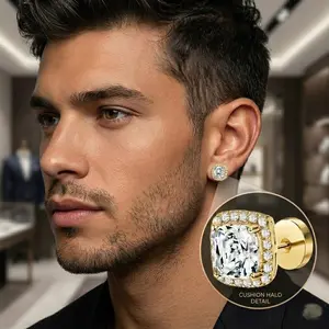 Moissanite Halo Stud Earrings for Men Women, VVS1 Brilliant Cushion Cut Square Round Diamond Studs, 14K Gold Plated 925 Sterling Silver Sparkly Screw Back Earring, Hypoallergenic Unisex Iced Out Jewelry Gift Set