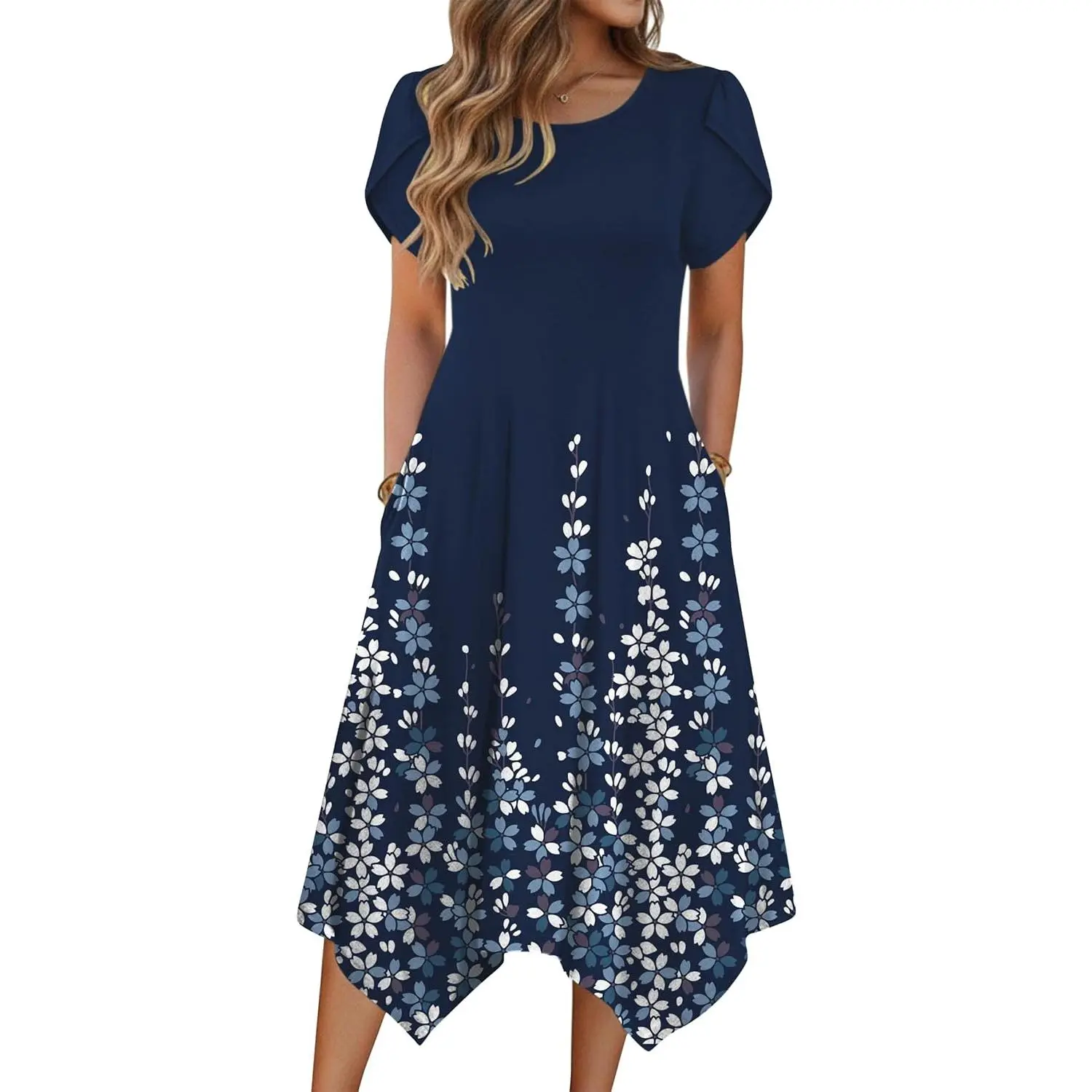 Women's Polyester Fabric Short-Sleeve Tunic Dress - 2026 Gift, Loose Flowy Print Hankerchief Flare Midi Beach Dress with Pockets, Shortsleeve, Floral