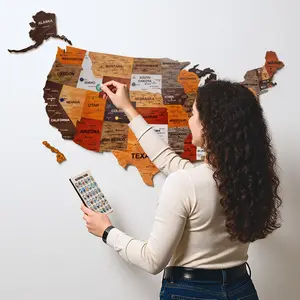 USA Wooden Puzzle Map Wall Art with FREE Pins, Travel Map Board with State Flags & Parks, Push Pin Board for Home Decor, Wooden Map Gift for Dad, Above Bed or RV Wall Decor