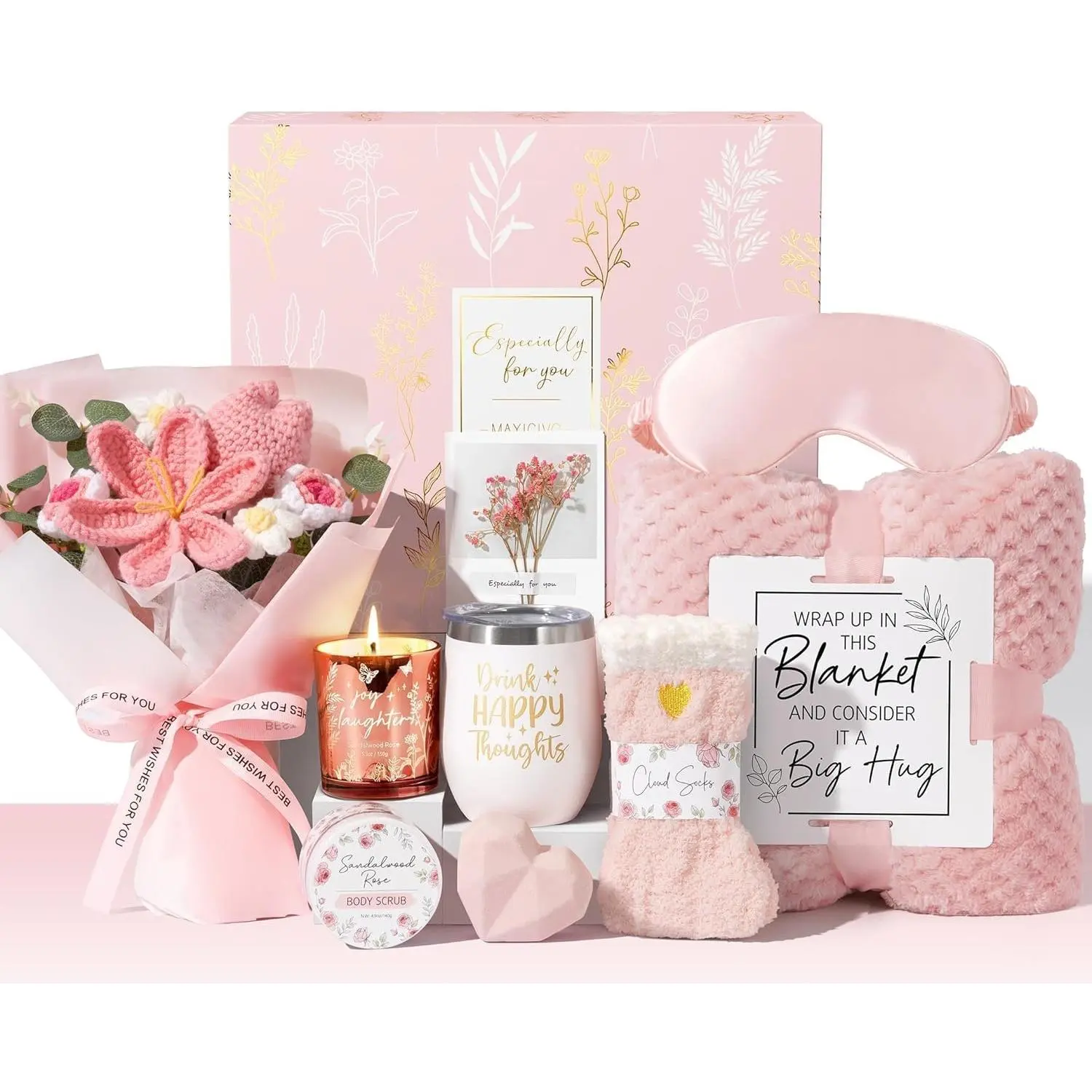 Birthday Gifts for Women Self Care Package Get Well Soon Gift Baskets, Thinking of You Sympathy Spa Gift Set w/ Crochet Flower Bouquet, Unique Easter Gifts