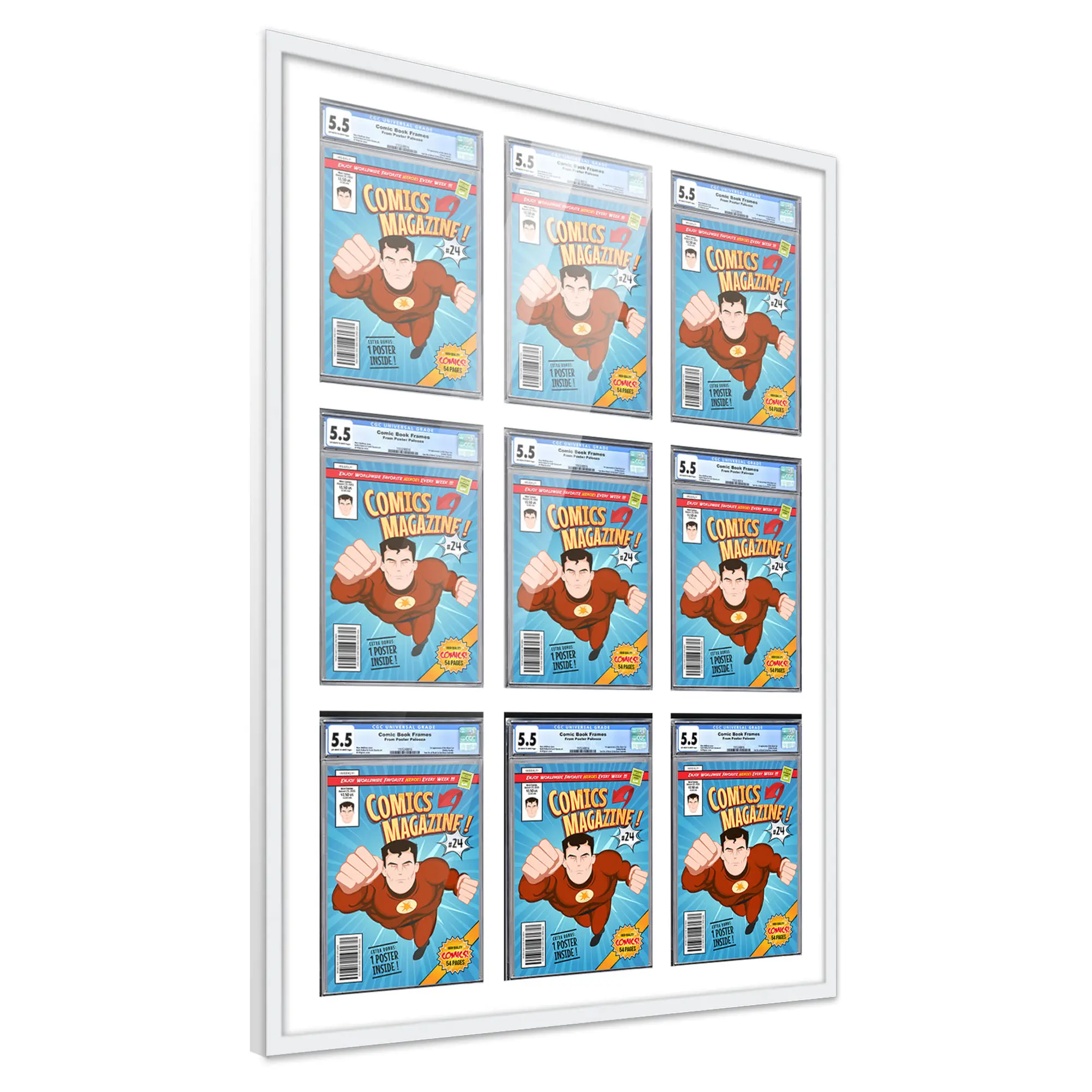 Comic Book Frame with Mat for 9 Graded Comics - White Wood Comic Frame With White Mat for 8.125x13 Comics - 30x44.5 Frame Size